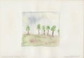 Watercolor painting of seven trees in spring.