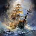 Painting, watercolor blurred strokes sea ship storm rain