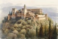 Painting of a watercolor drawing of the Alhambra in Granada.