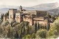 Painting of a watercolor drawing of the Alhambra in Granada.