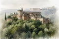 Painting of a watercolor drawing of the Alhambra in Granada.