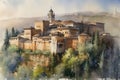 Painting of a watercolor drawing of the Alhambra in Granada.