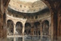 Painting from a watercolor drawing of the baths of caracalla in rome.