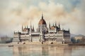 Painting of a watercolor drawing of the budapest parliament.