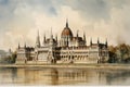 Painting of a watercolor drawing of the budapest parliament.