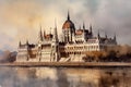 Painting of a watercolor drawing of the budapest parliament.