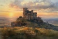 Painting of a watercolor drawing of the Castillo de Javier in Navarra at sunset.