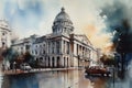 Painting of a watercolor drawing of the National Capitol of Cuba.