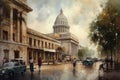 Painting of a watercolor drawing of the National Capitol of Cuba.