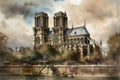 Painting from a watercolor drawing of Notre Dame Cathedral.
