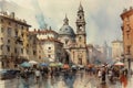 Painting from a watercolor drawing of the Piazza Navona.