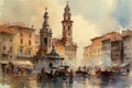 Painting from a watercolor drawing of the Piazza Navona.