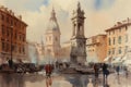 Painting from a watercolor drawing of the Piazza Navona.