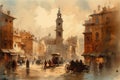 Painting from a watercolor drawing of the Piazza Navona.