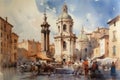 Painting from a watercolor drawing of the Piazza Navona.