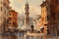 Painting from a watercolor drawing of the Piazza Navona.