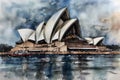 Painting from a watercolor drawing of Sydney Opera House.