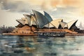 Painting from a watercolor drawing of Sydney Opera House.