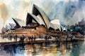 Painting from a watercolor drawing of Sydney Opera House. Royalty Free Stock Photo