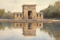 Painting of a watercolor drawing of the Temple of Debod in Madrid.