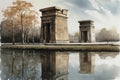 Painting of a watercolor drawing of the Temple of Debod in Madrid.