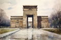 Painting of a watercolor drawing of the Temple of Debod in Madrid.