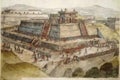 Painting from a watercolor drawing of the Templo Mayor de Mexico.