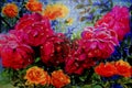 Painting watercolor flowers landscape colorful of roses.