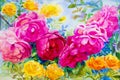 Painting watercolor flowers landscape pink yellow color of roses. Royalty Free Stock Photo