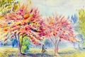 Painting watercolor landscape; pink color of Wild himalayan cherry. Royalty Free Stock Photo