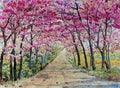 Painting watercolor landscape Tunnel of Wild himalayan cherry