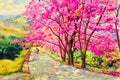 Painting watercolor landscapem of Wild himalayan cherry.