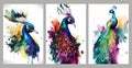 Painting watercolor peacock on branch wallpaper. colorful flowers 3d mural background. wall canvas poster art Royalty Free Stock Photo