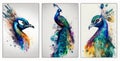 Painting watercolor peacock on branch wallpaper. colorful flowers 3d mural background. wall canvas poster art Royalty Free Stock Photo