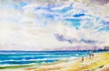 Painting watercolor seascape colorful of family, jogging Royalty Free Stock Photo