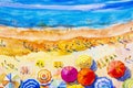 Painting watercolor seascape colorful of lovers, family vacation Royalty Free Stock Photo