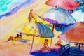 Painting watercolor seascape colorful of lovers, family vacation