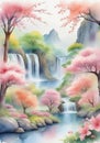 A Painting Of A Waterfall And Flowers. Generative AI