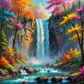 A painting of a waterfall in a forest filled with colorful trees. Royalty Free Stock Photo