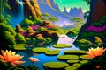 Painting of waterfall with lily pads in the foreground and mountains in the background. Generative AI Royalty Free Stock Photo