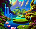 Painting of waterfall and lily pads in river with mountains in the background. Generative AI Royalty Free Stock Photo