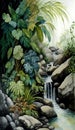 a painting of a waterfall surrounded by tropical plants and rocks. generative ai Royalty Free Stock Photo