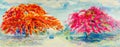 Painting waterlcolor landscape of red or pink peacock flowers