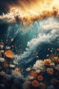 A painting of a wave crashing over some flowers. Generative AI image.