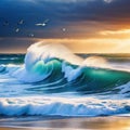 painting of waves crashing on beach with birds