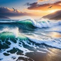 painting of waves crashing on beach with birds