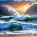 painting of waves crashing on beach with birds