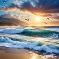 painting of waves crashing on beach with birds