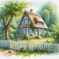 A painting of a white cottage with a thatched roof, surrounded by a white picket fence, flowers, trees, and birds. Royalty Free Stock Photo