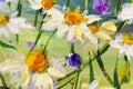 Painting of white daisies flowers, beautiful field flowers on canvas. Palette knife Impasto artwork. Royalty Free Stock Photo